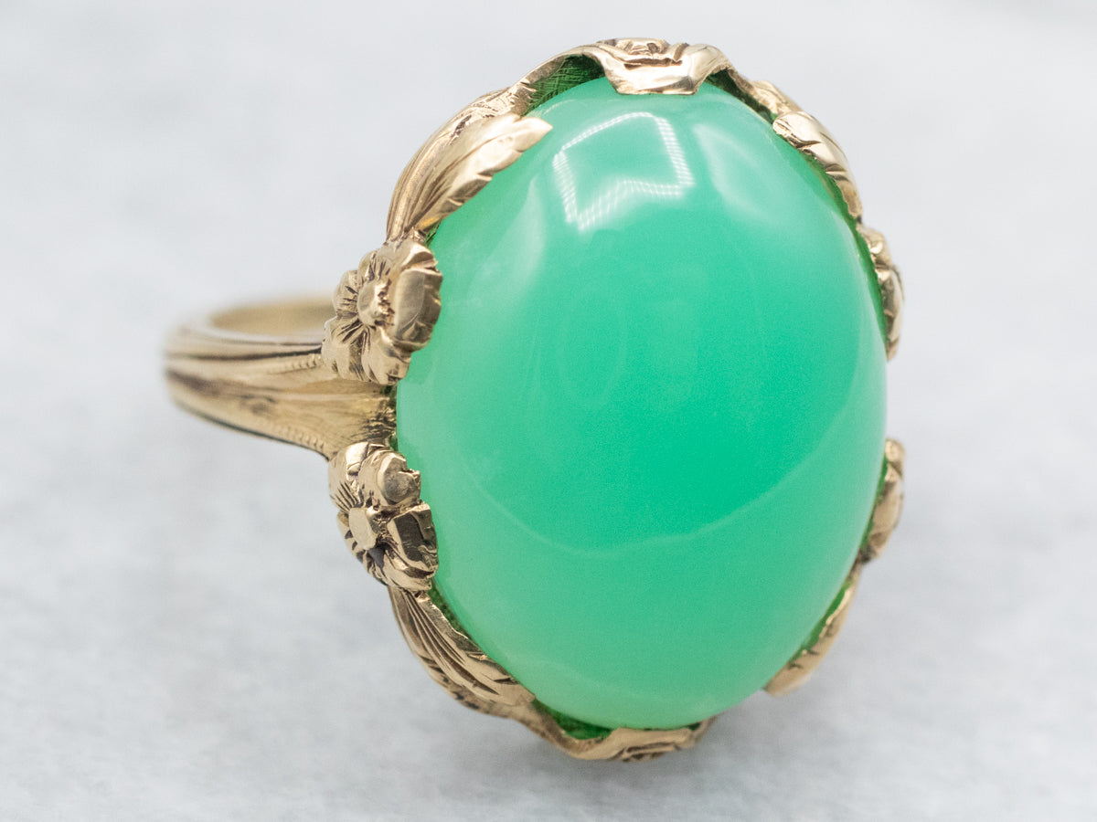 Vintage Chrysoprase Ring with Floral Frame