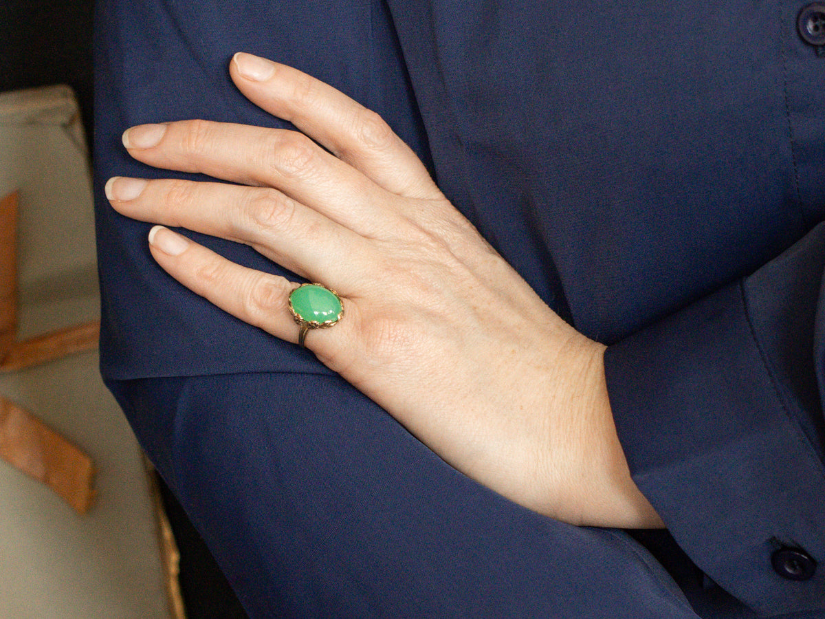 Vintage Chrysoprase Ring with Floral Frame