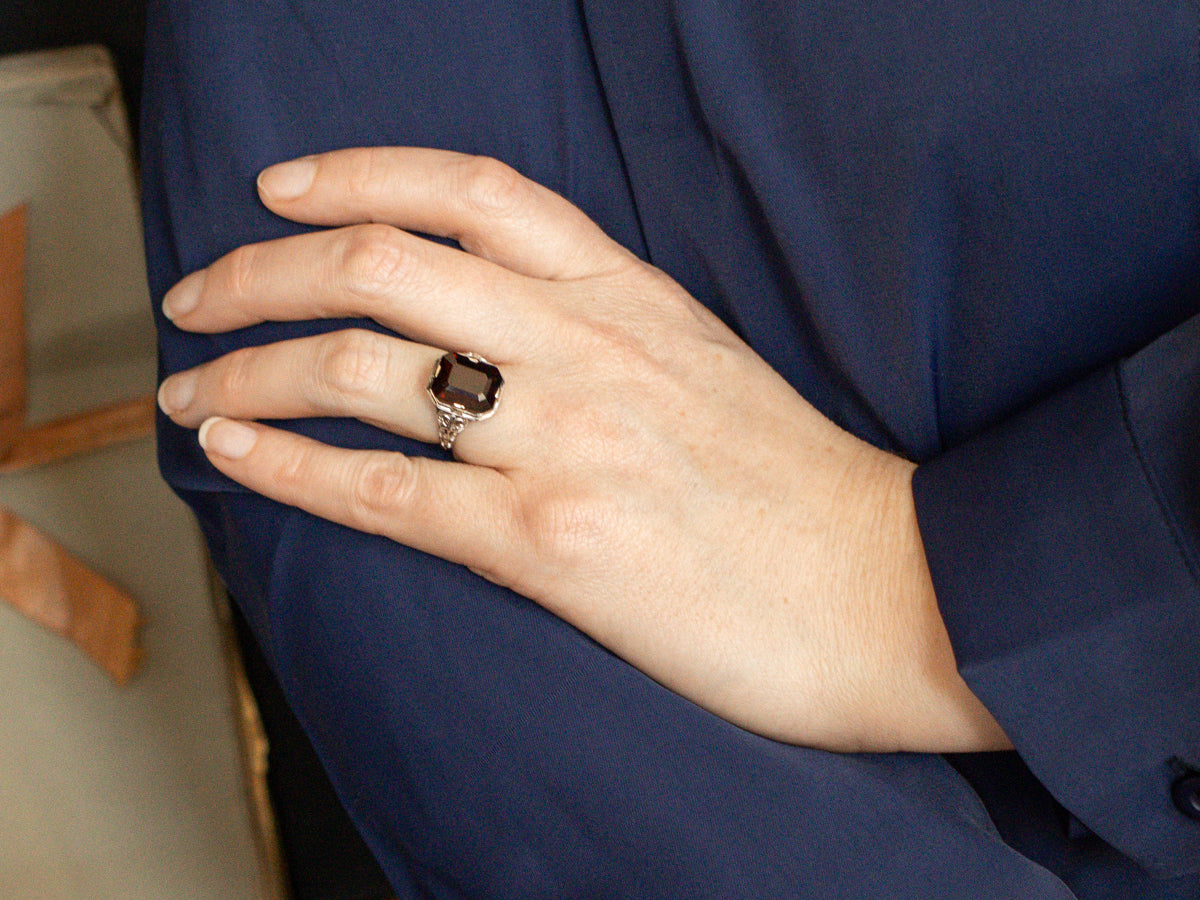Vintage Garnet Solitaire Filigree Ring