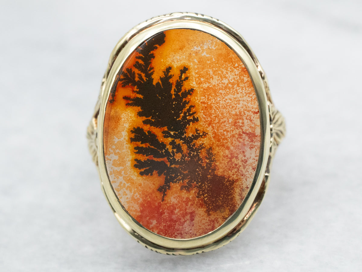 Orange Dendritic Agate Filigree Ring