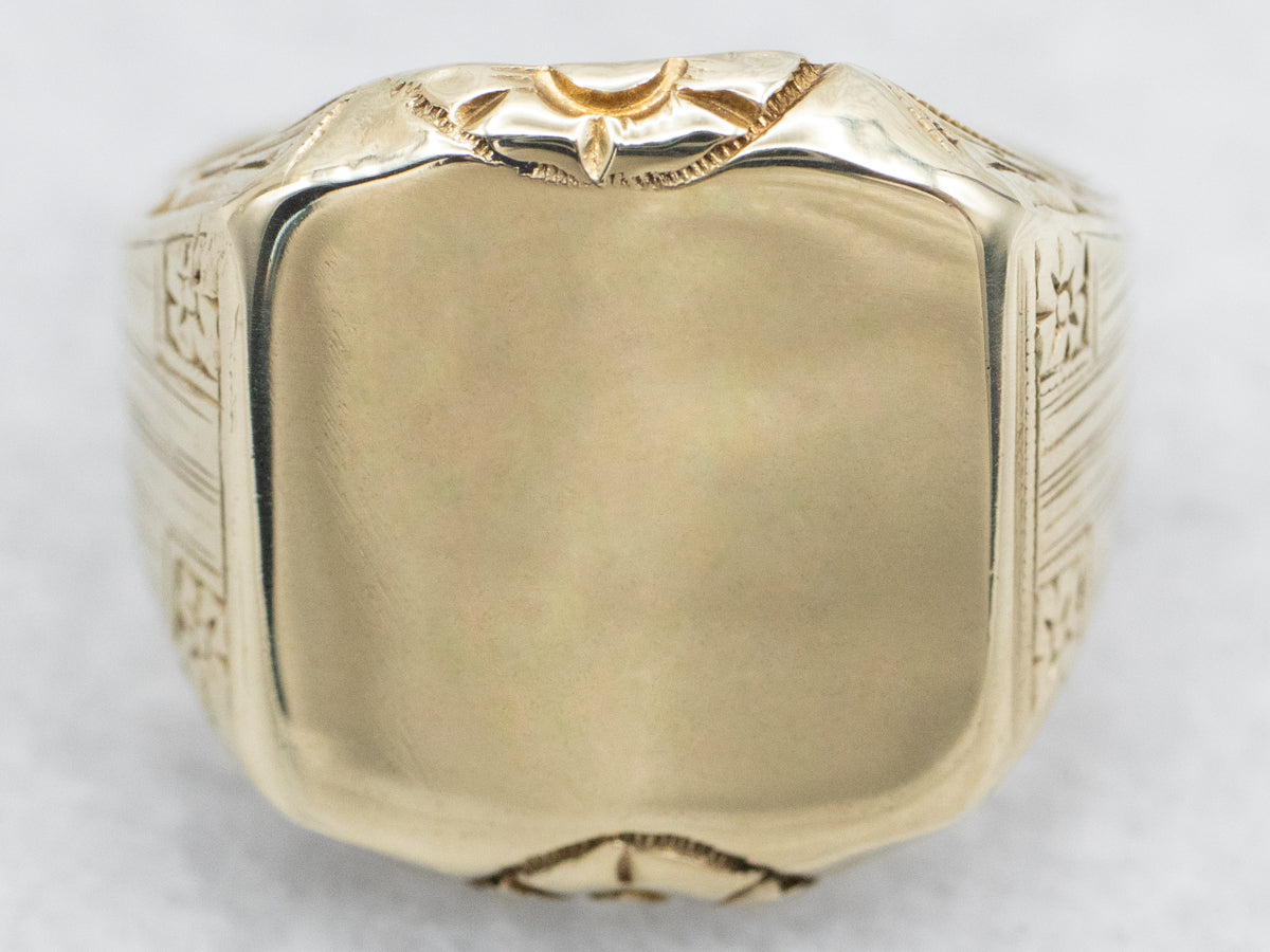 Floral 1940s Green Gold Signet Ring