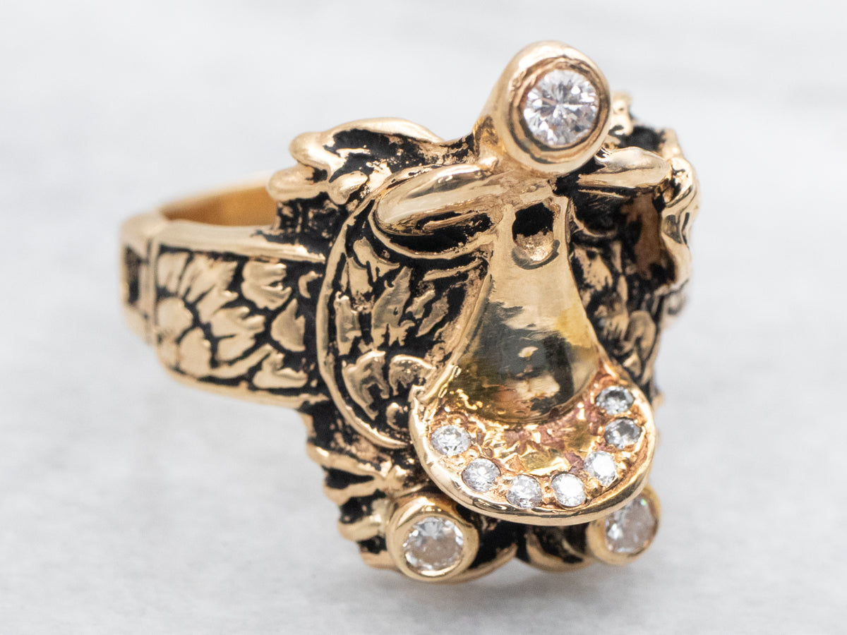 Diamond and Gold Ornate Western Saddle Ring