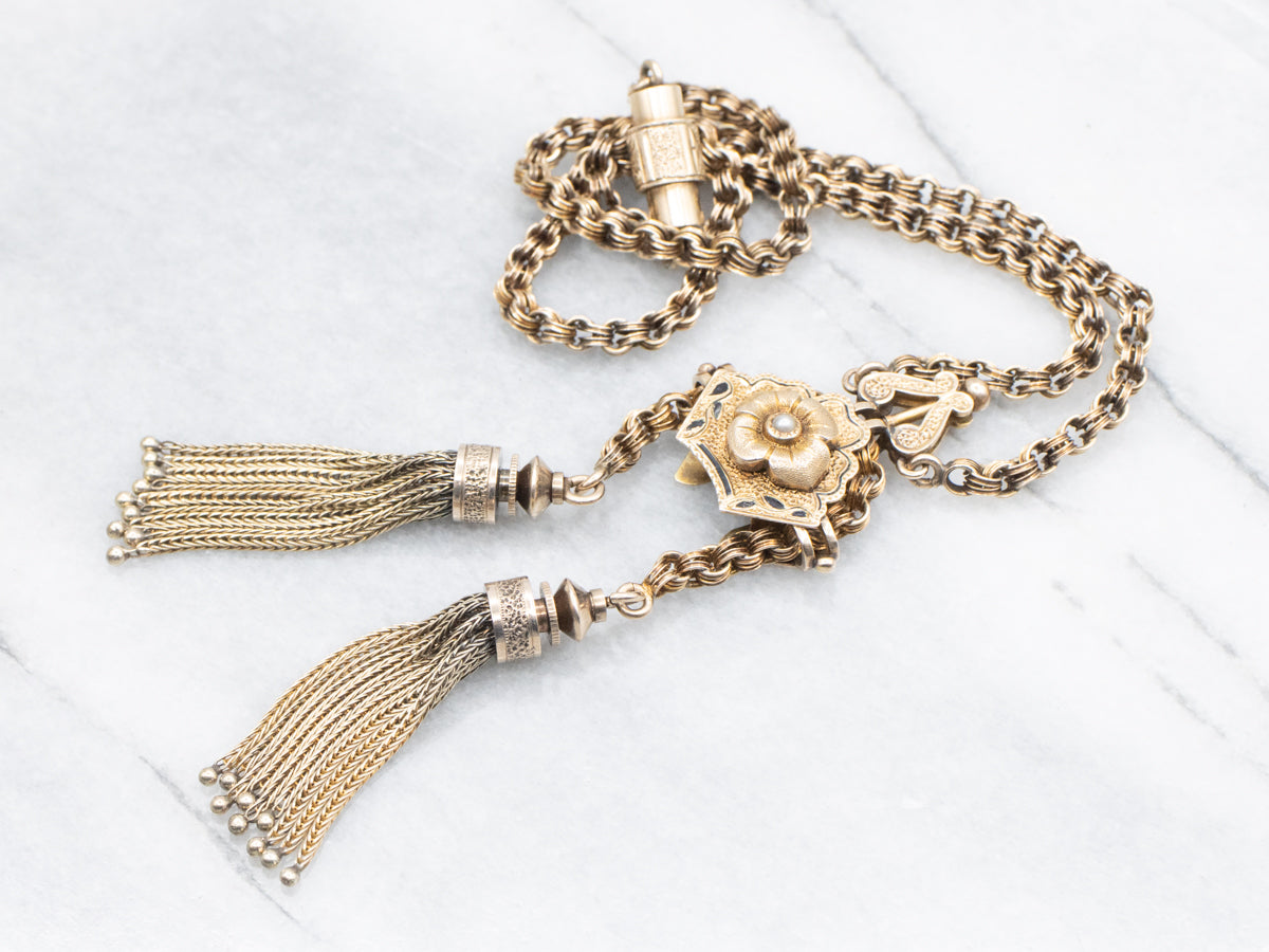 Victorian Seed Pearl and Gold Floral Sautoir Necklace