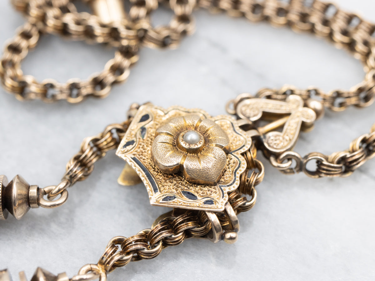 Victorian Seed Pearl and Gold Floral Sautoir Necklace