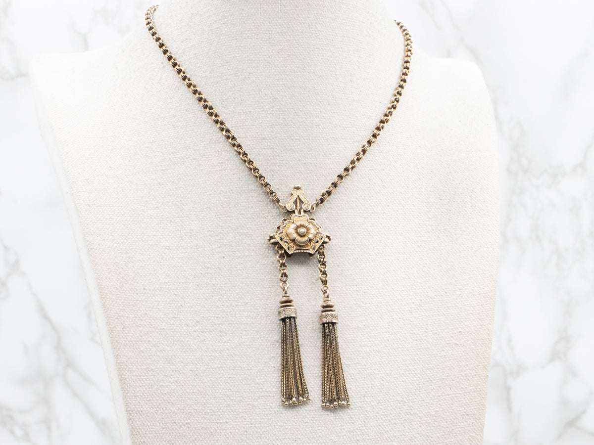 Victorian Seed Pearl and Gold Floral Sautoir Necklace