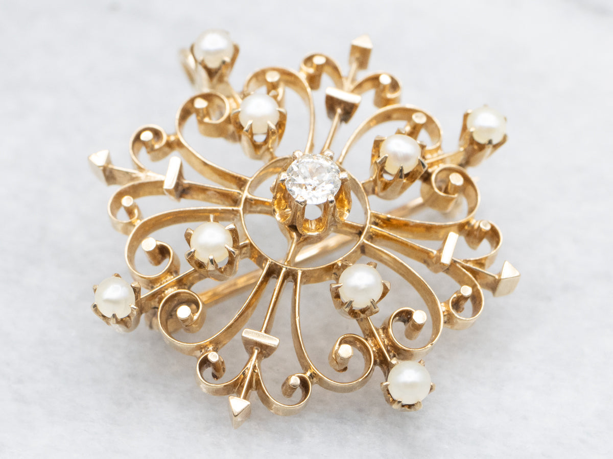 Vintage Old Mine Cut Diamond and Seed Pearl Brooch or Pendant