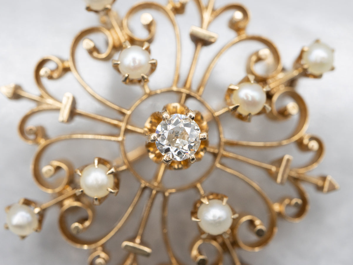 Vintage Old Mine Cut Diamond and Seed Pearl Brooch or Pendant