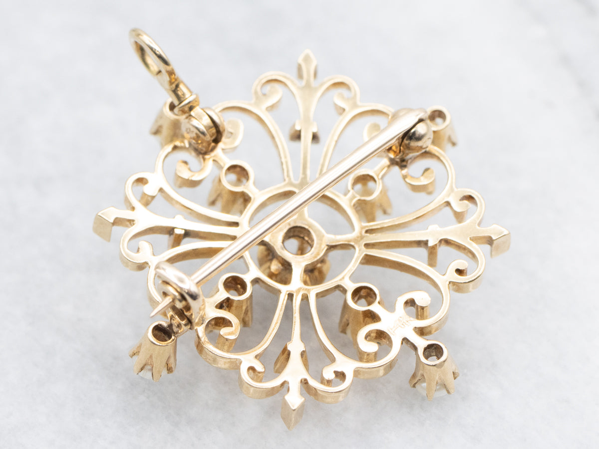 Vintage Old Mine Cut Diamond and Seed Pearl Brooch or Pendant