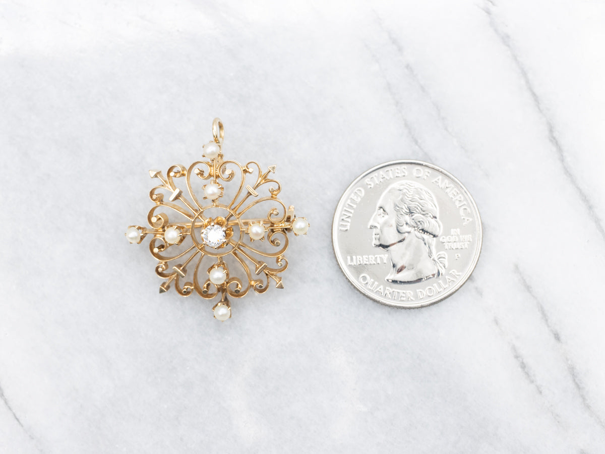 Vintage Old Mine Cut Diamond and Seed Pearl Brooch or Pendant