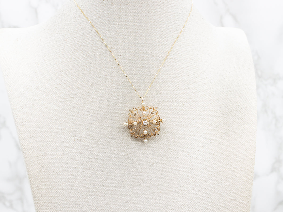 Vintage Old Mine Cut Diamond and Seed Pearl Brooch or Pendant