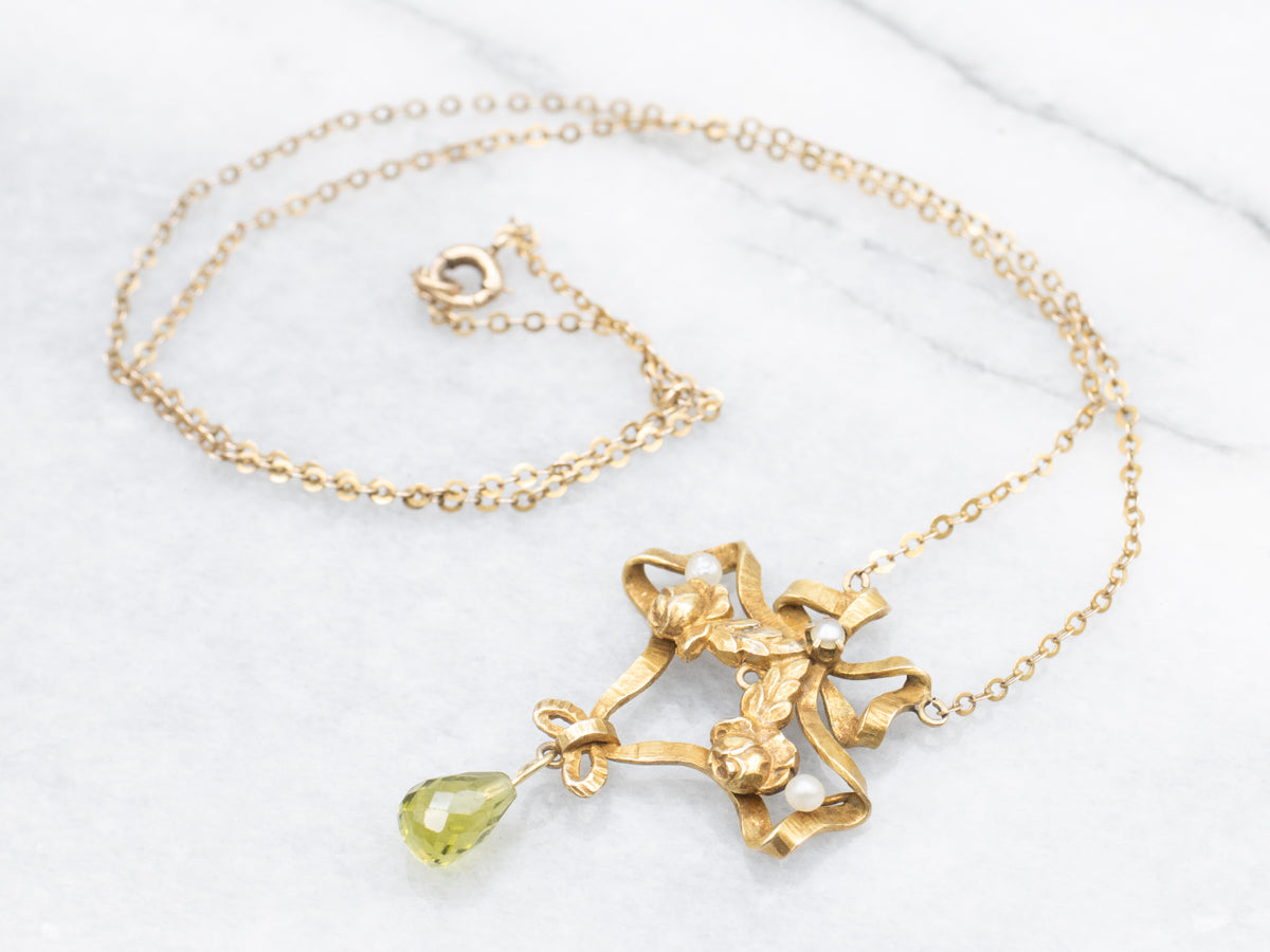 Peridot Briolette Gemstone and Seed Pearl Ribbon Necklace