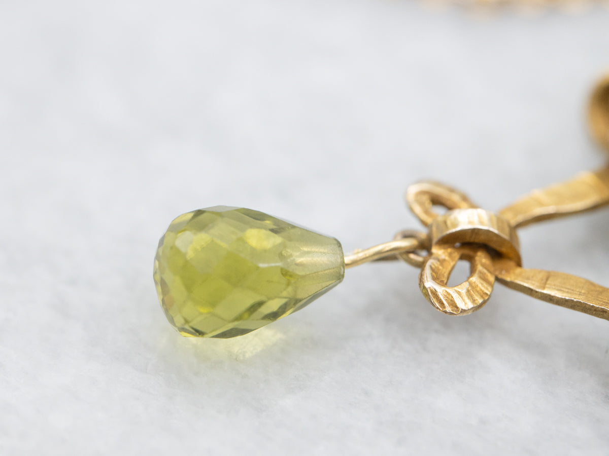 Peridot Briolette Gemstone and Seed Pearl Ribbon Necklace