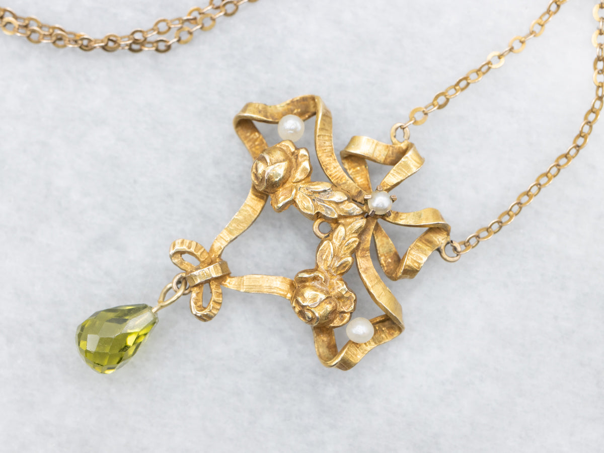 Peridot Briolette Gemstone and Seed Pearl Ribbon Necklace