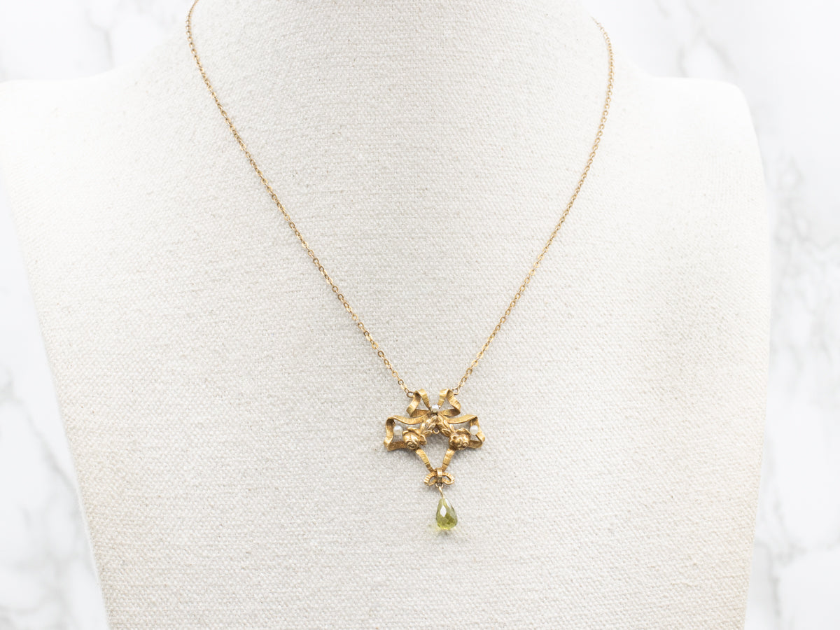 Peridot Briolette Gemstone and Seed Pearl Ribbon Necklace
