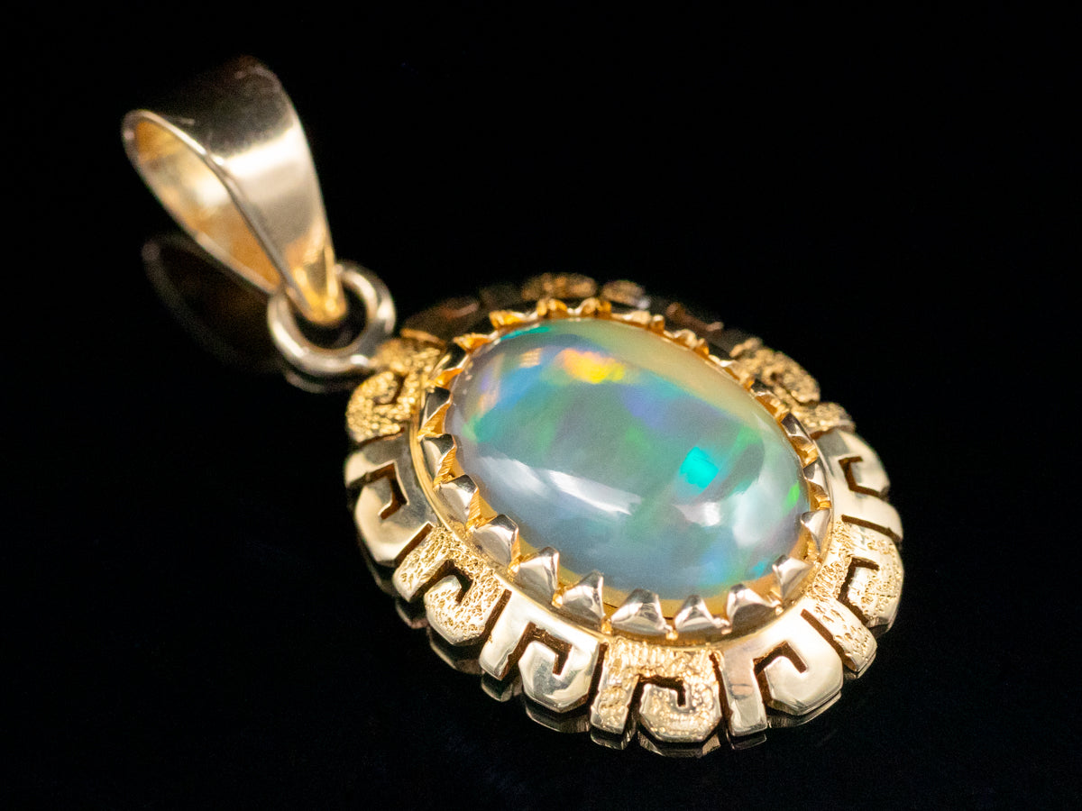 Opal Pendant in Gold Greek Key Patterned Frame