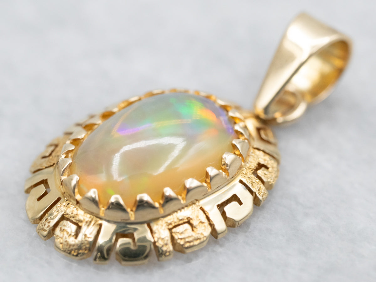 Opal Pendant in Gold Greek Key Patterned Frame