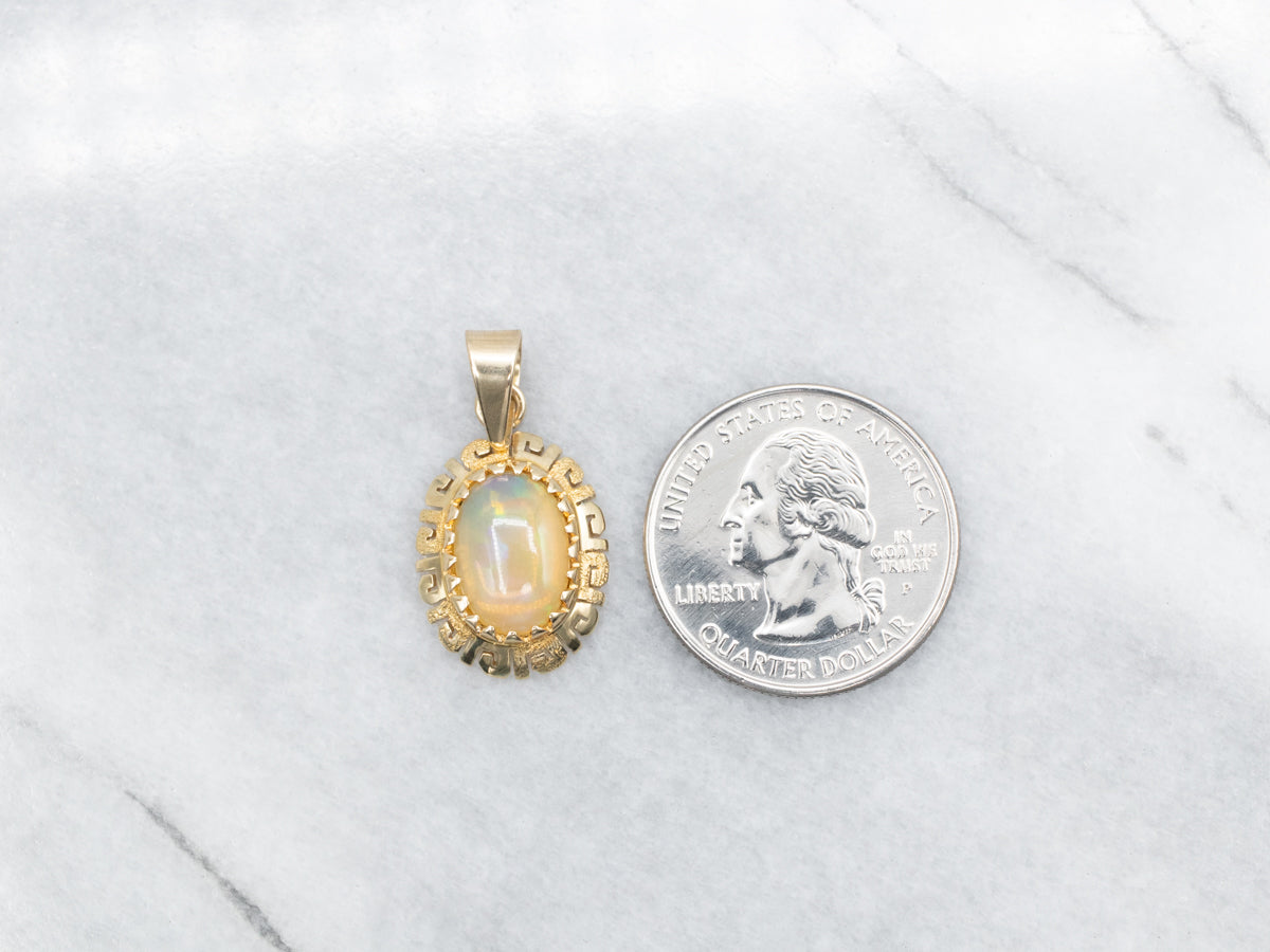 Opal Pendant in Gold Greek Key Patterned Frame