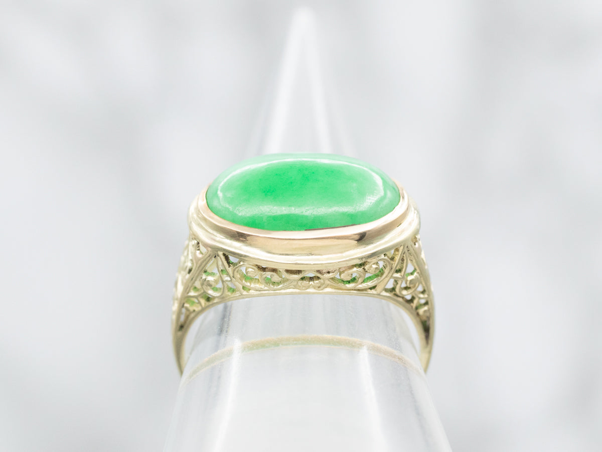 Art Nouveau Green Gold Filigree Fine Jadeite Cocktail Ring
