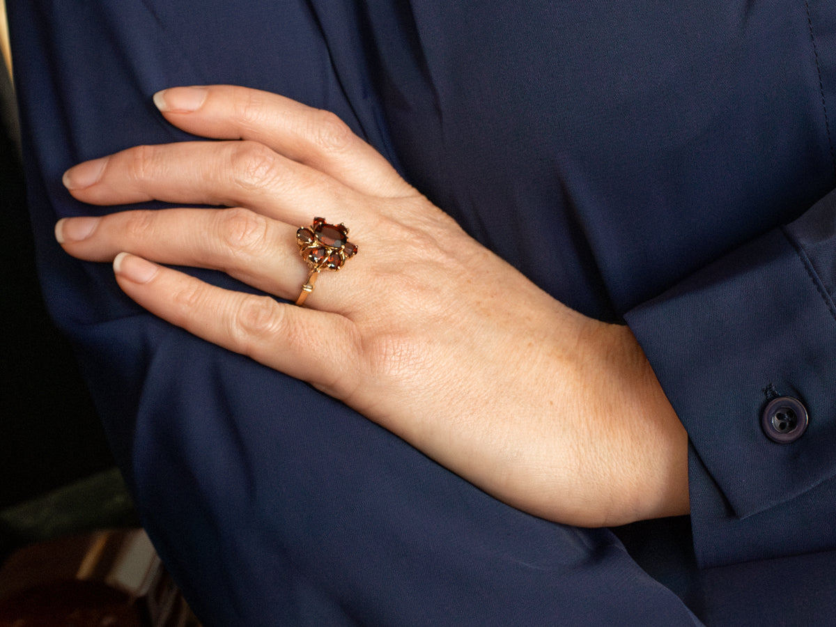 Vintage Gold and Garnet Floral Halo Ring