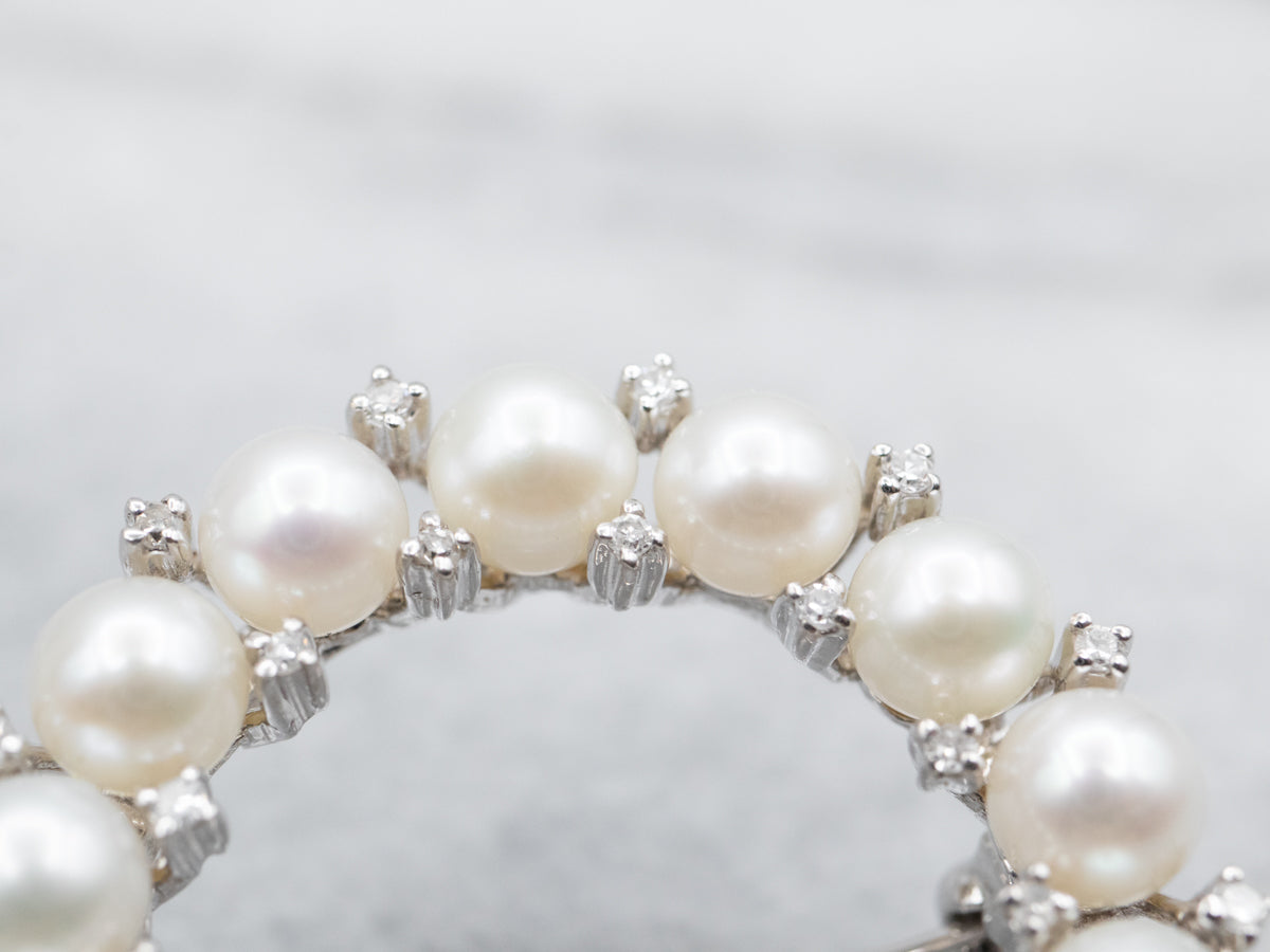 White Gold Saltwater Pearls and Diamond Circle Brooch