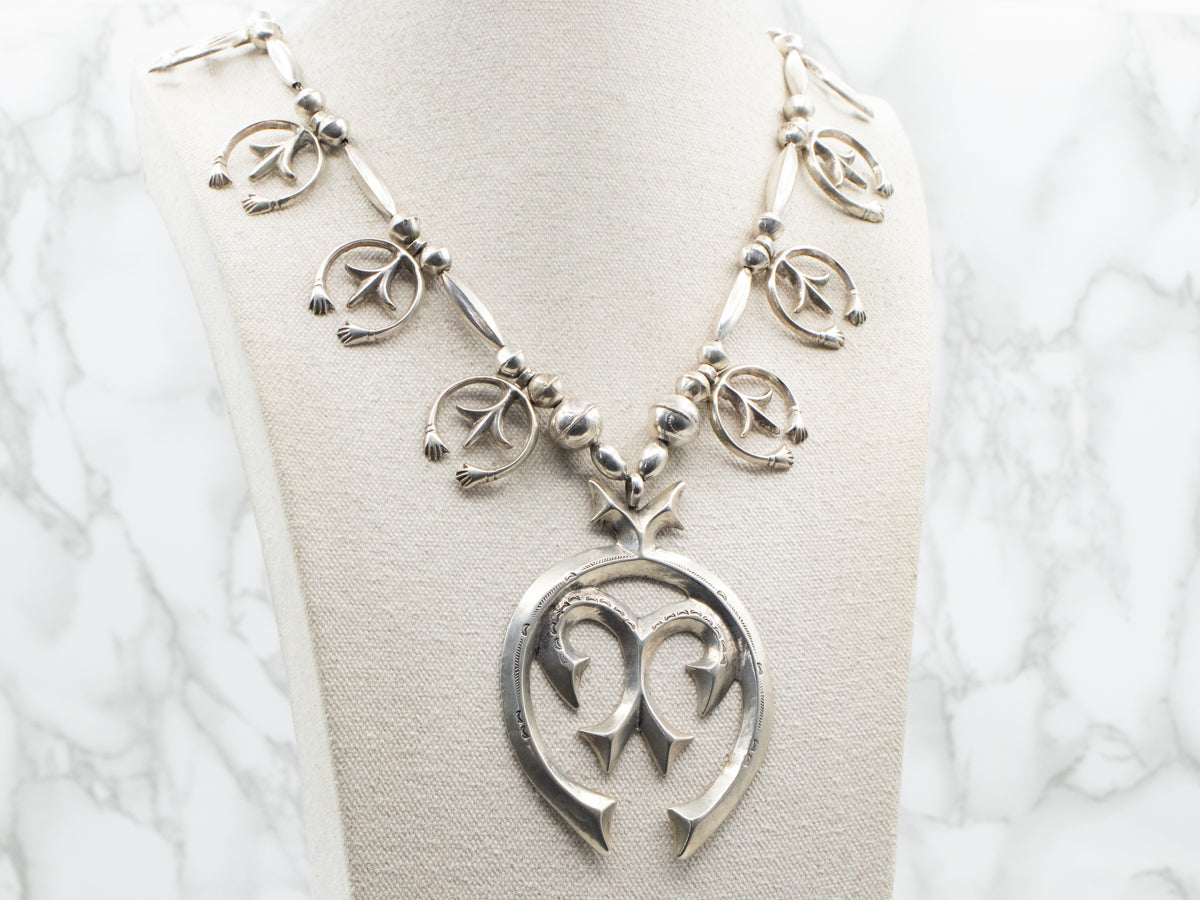 Stunning Sterling Silver Squash Blossom Statement Necklace