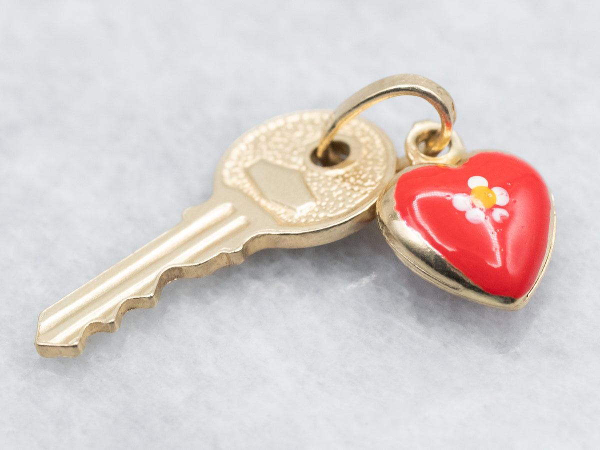 Enamel and Gold Flower Key to My Heart Charm