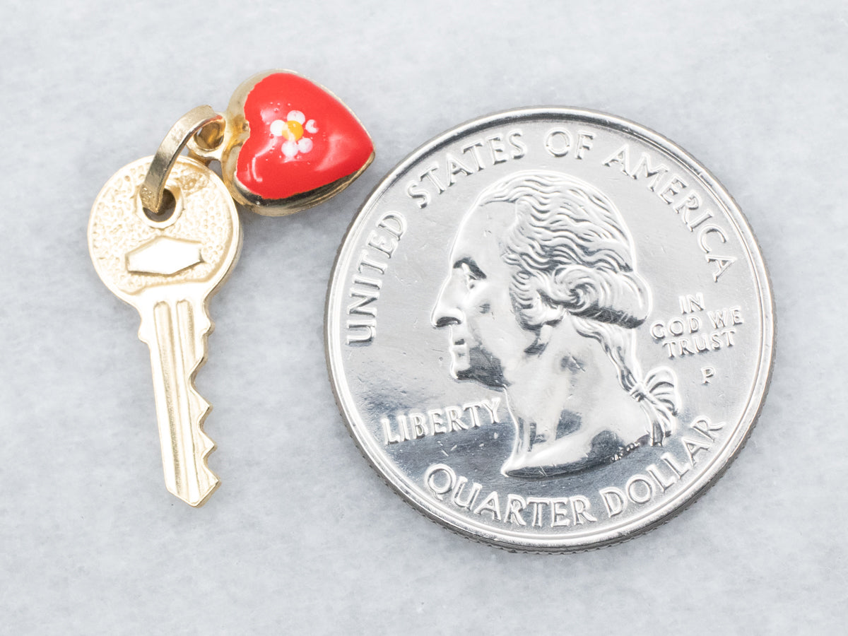 Enamel and Gold Flower Key to My Heart Charm