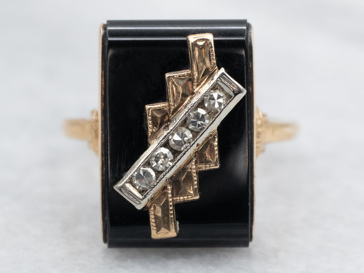Mid-Century Black Onyx and Diamond Ring
