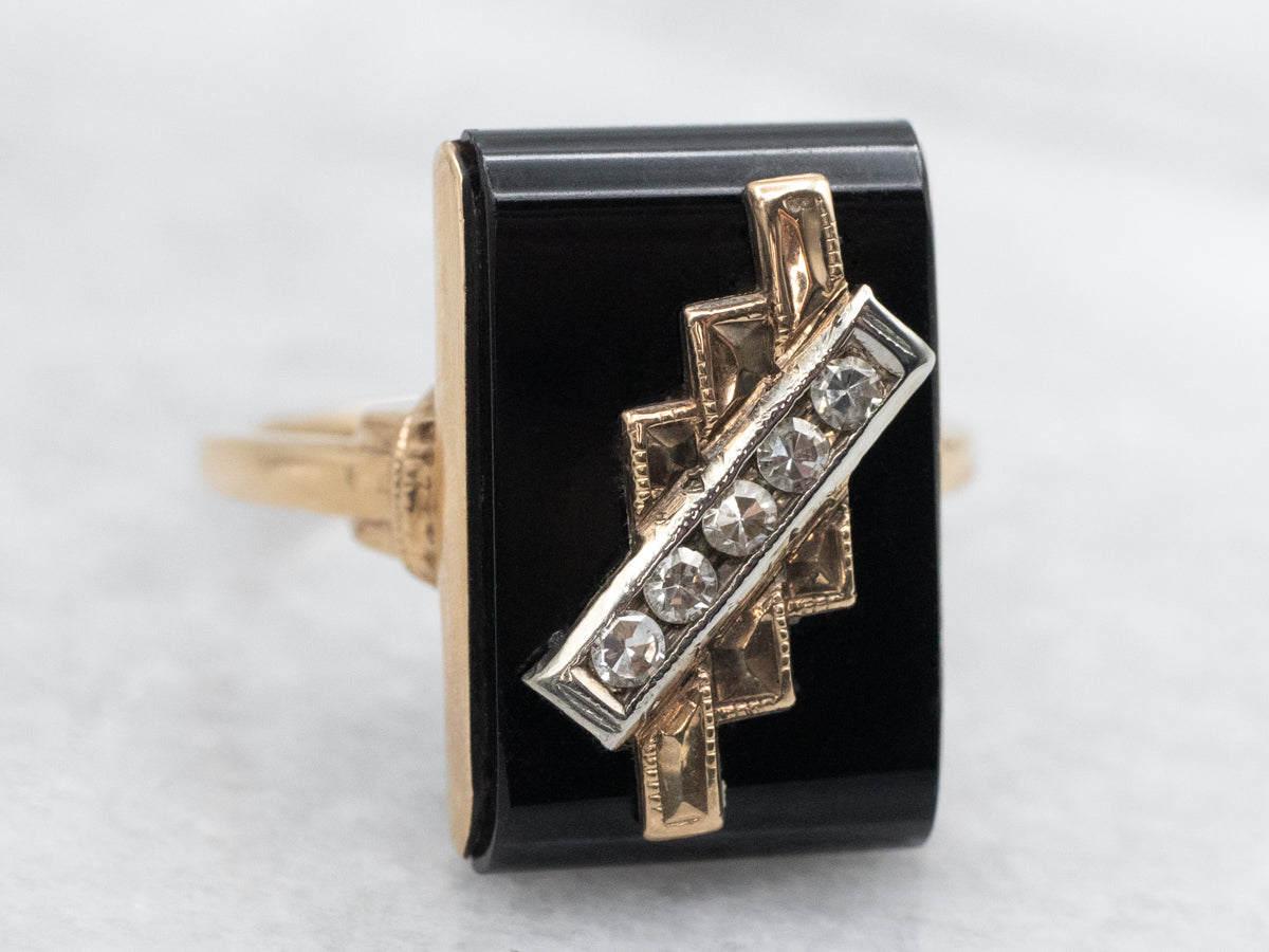 Mid-Century Black Onyx and Diamond Ring