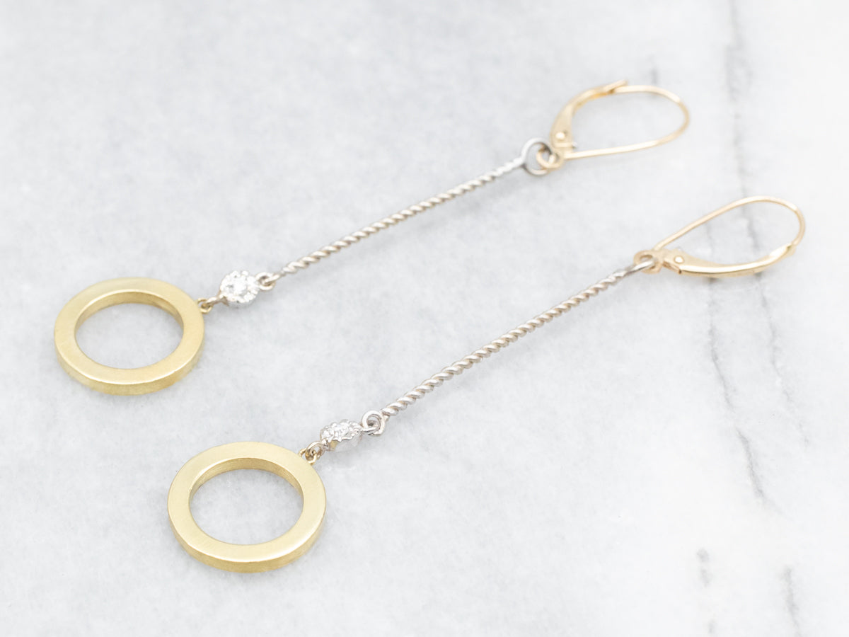 Long Twisted Bar and Circle Diamond Drop Earrings