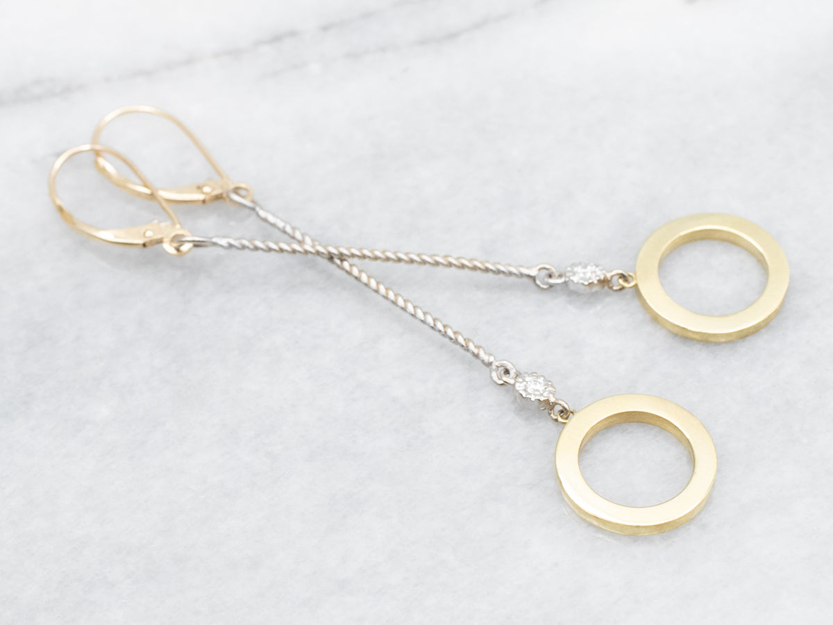 Long Twisted Bar and Circle Diamond Drop Earrings