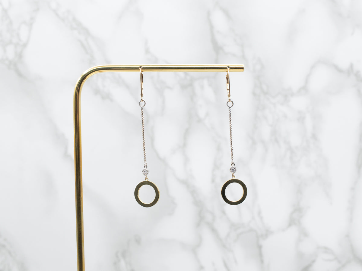 Long Twisted Bar and Circle Diamond Drop Earrings