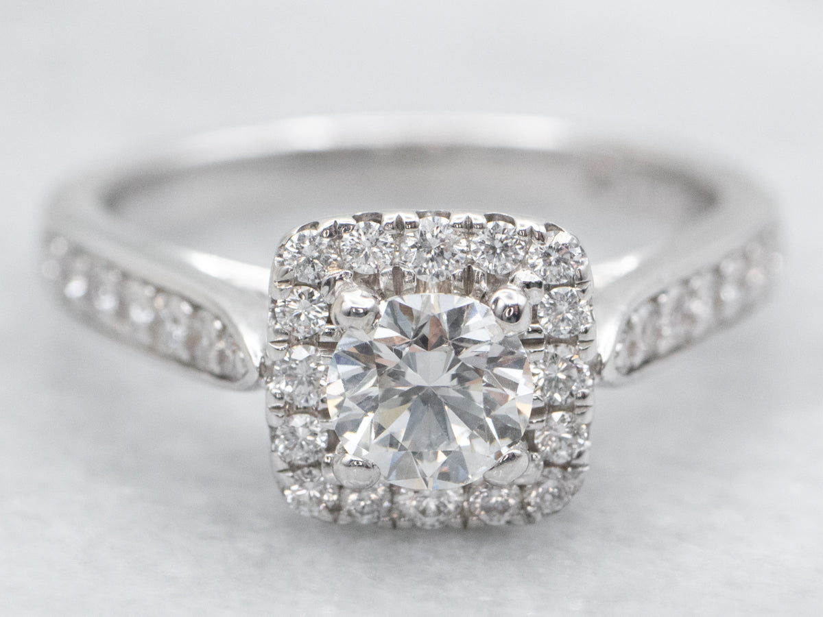 Modern Diamond Halo Engagement Ring with Hidden Diamond