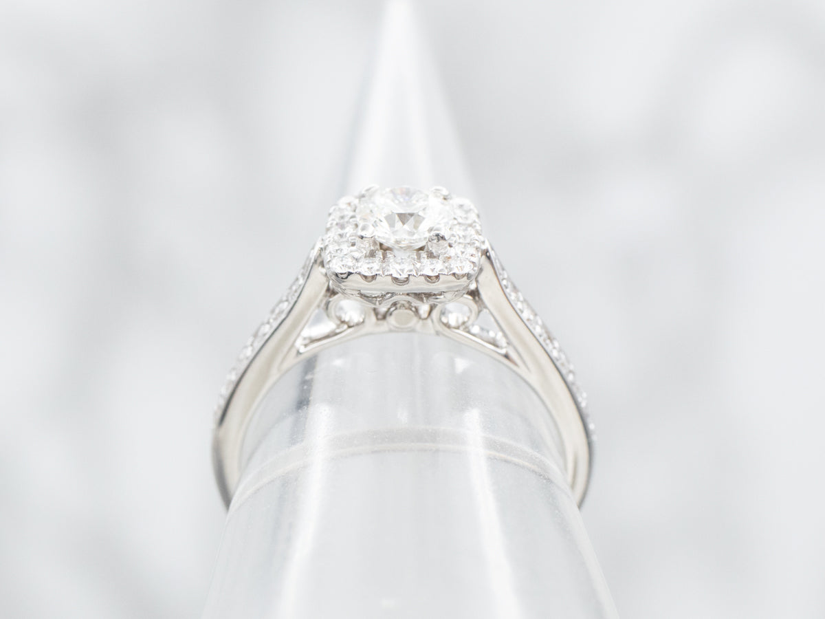 Modern Diamond Halo Engagement Ring with Hidden Diamond