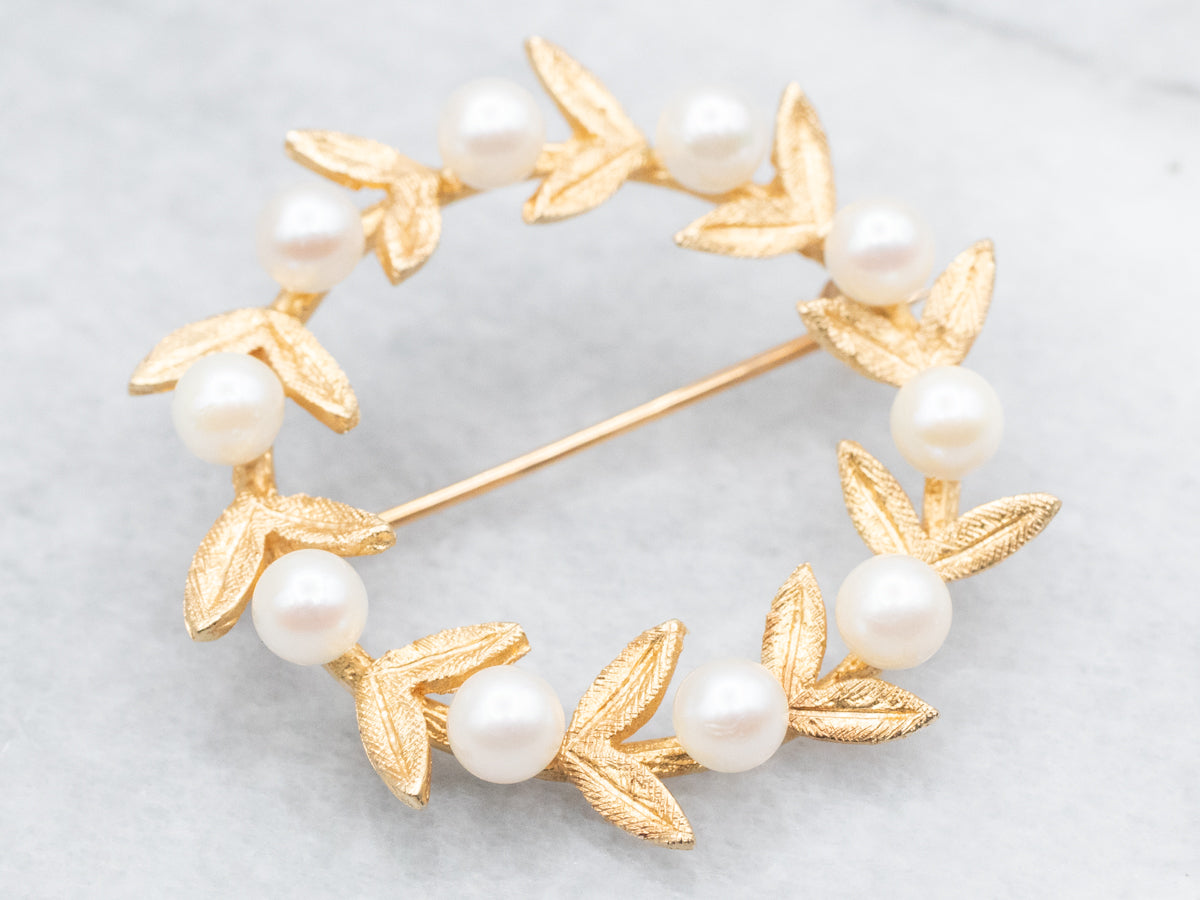 Vintage Botanical Saltwater Pearl Circle Pin