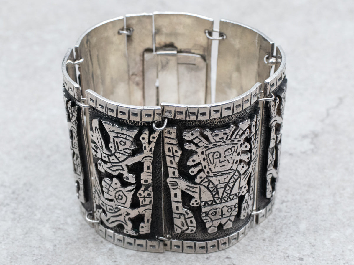 900 Mexican Silver Panel Bracelet with Tribal Figures