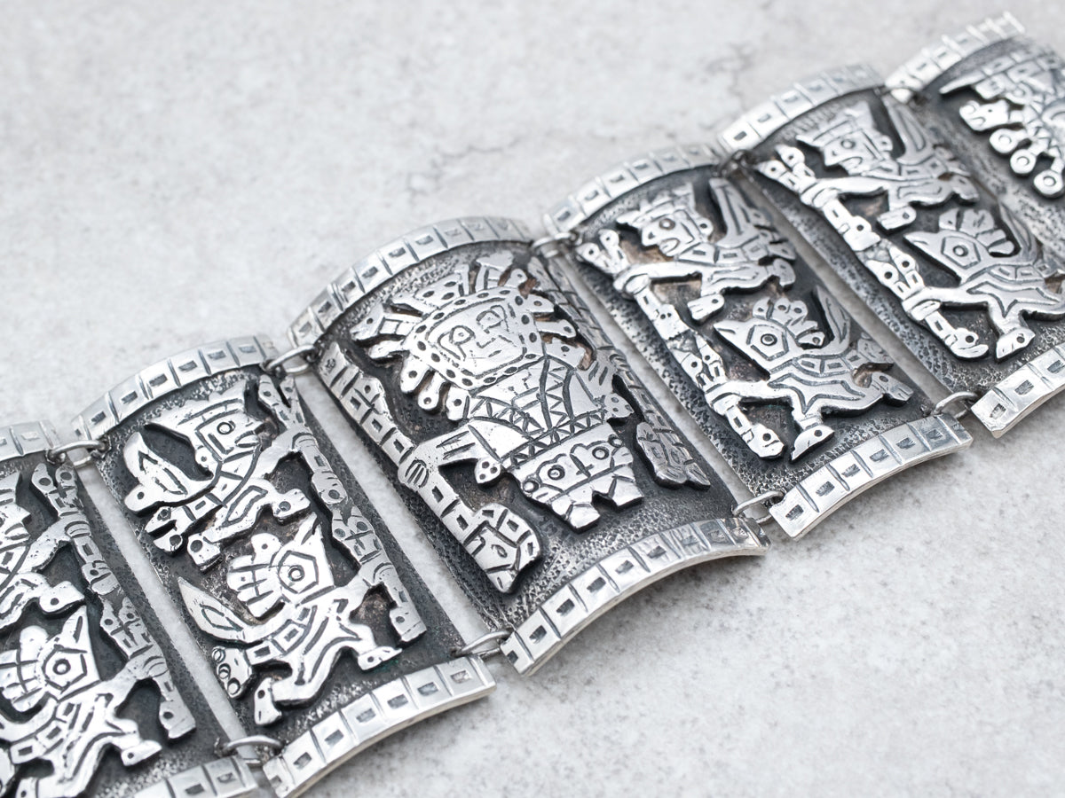 900 Mexican Silver Panel Bracelet with Tribal Figures