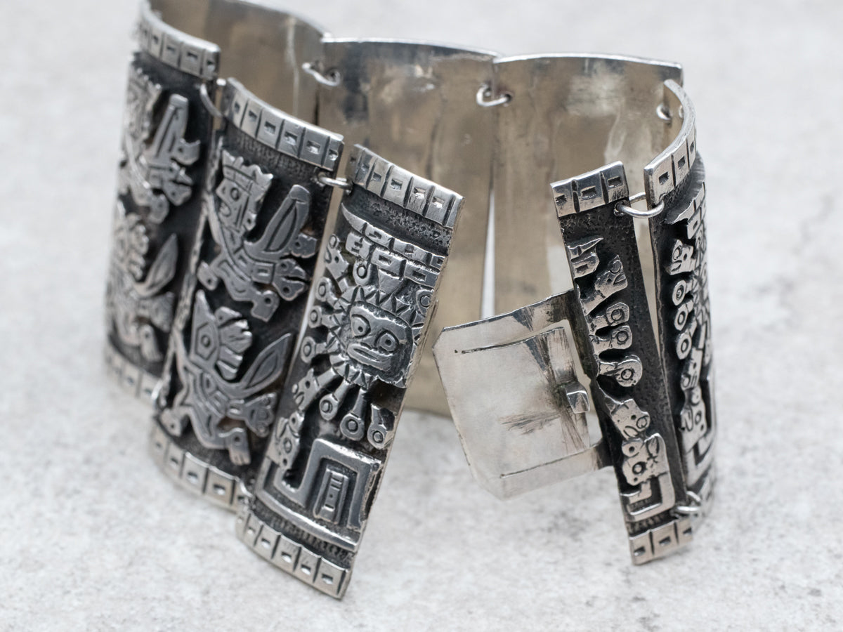 900 Mexican Silver Panel Bracelet with Tribal Figures
