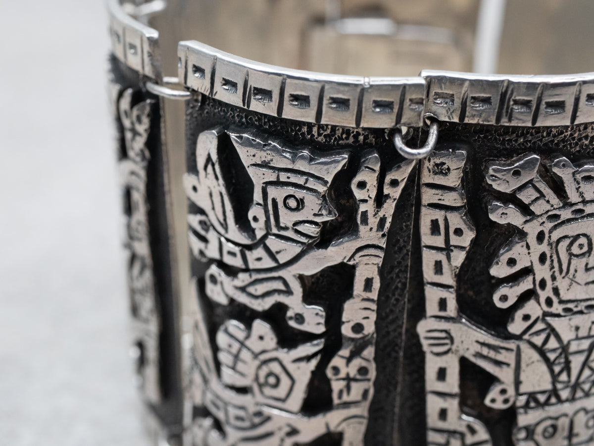 900 Mexican Silver Panel Bracelet with Tribal Figures