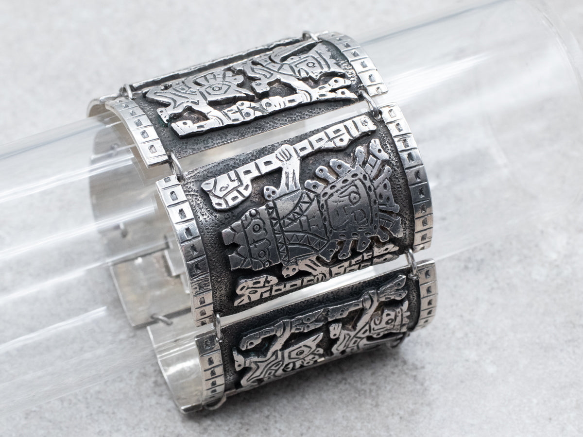 900 Mexican Silver Panel Bracelet with Tribal Figures