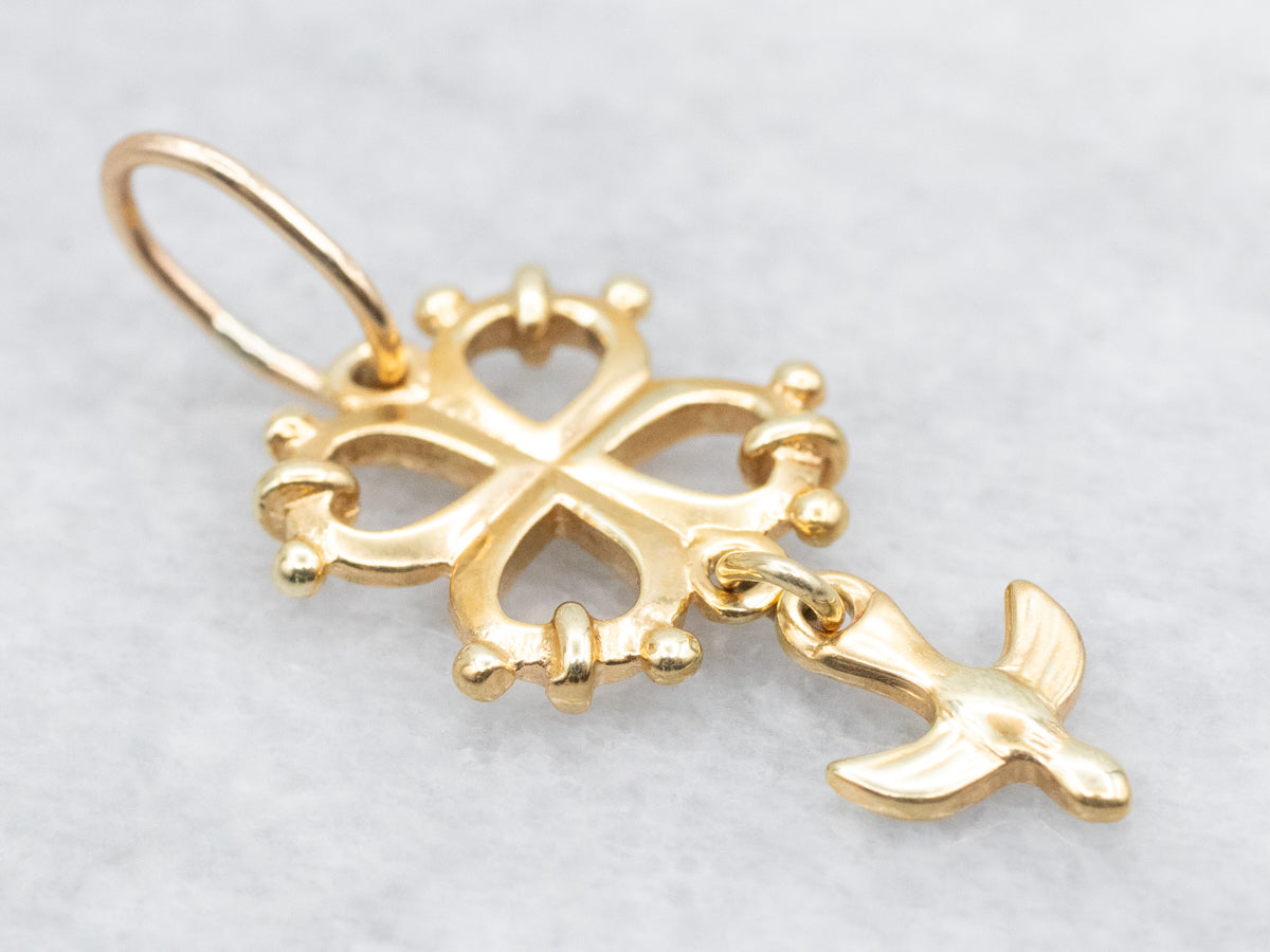 Antique Cross and Sparrow Drop Pendant