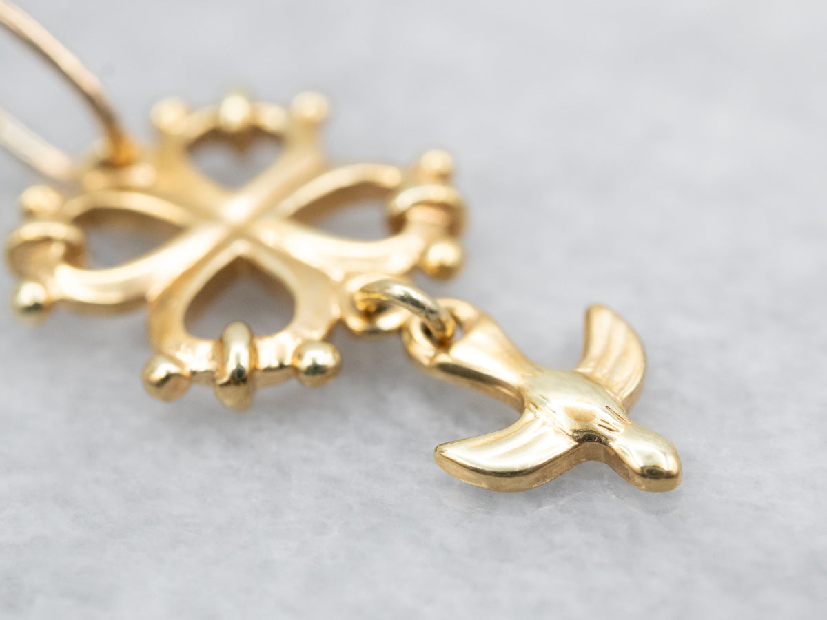 Antique Cross and Sparrow Drop Pendant