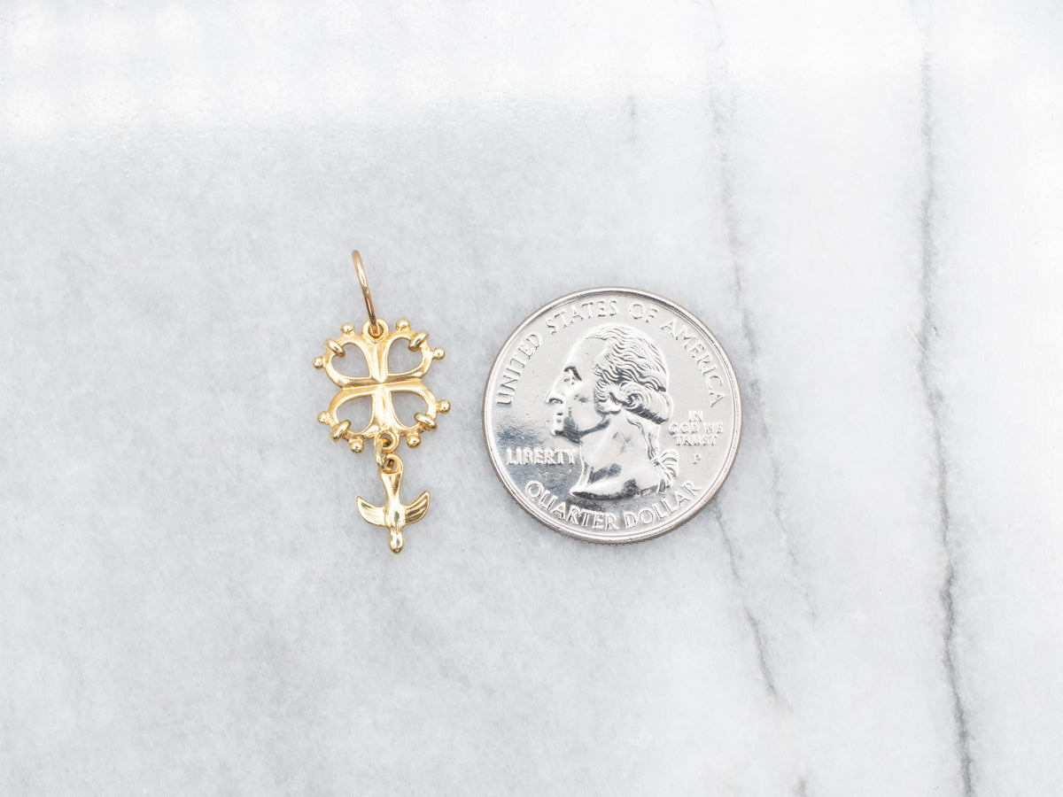 Antique Cross and Sparrow Drop Pendant
