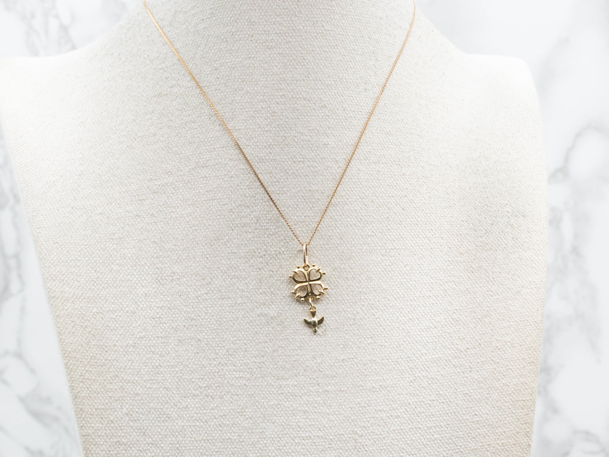 Antique Cross and Sparrow Drop Pendant