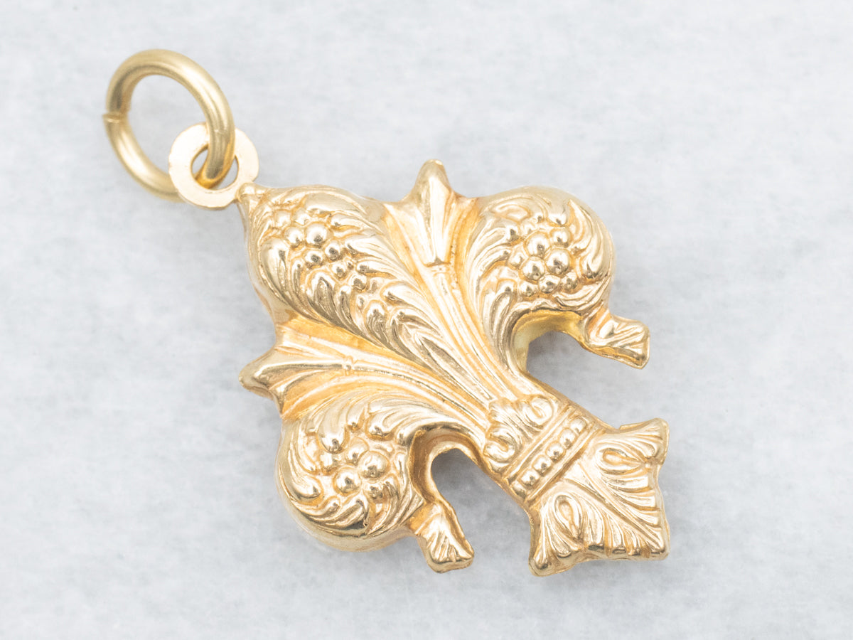 Vintage Ornate Puffy Fleur de Lis Pendant