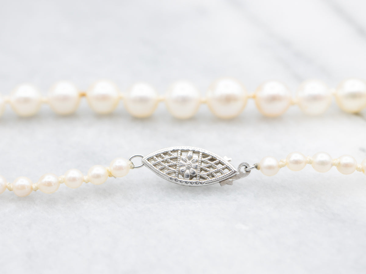 Graduated Saltwater Pearl Necklace with Diamond on Clasp