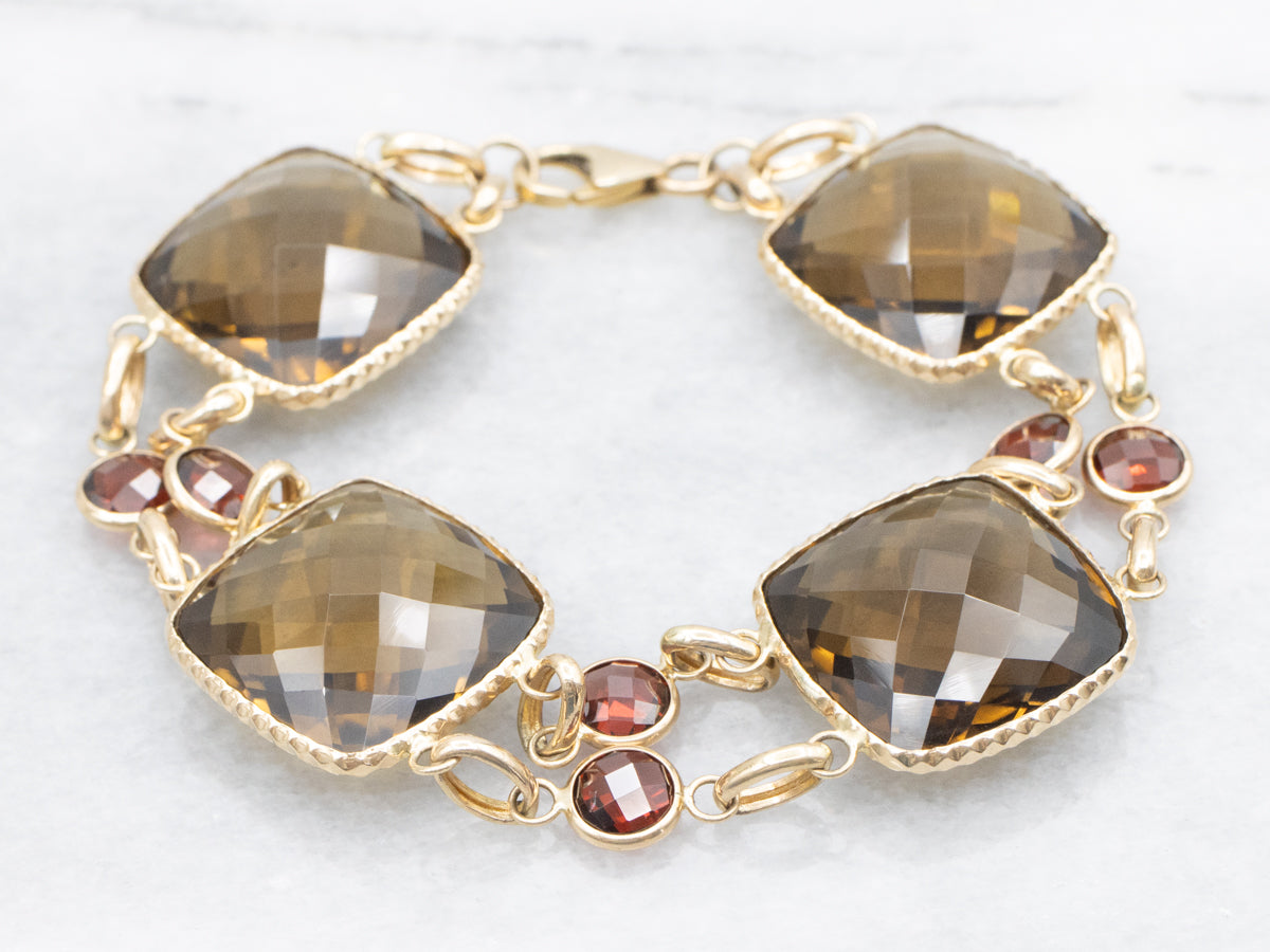 Bold Smoky Quartz and Garnet Gemstone Link Bracelet