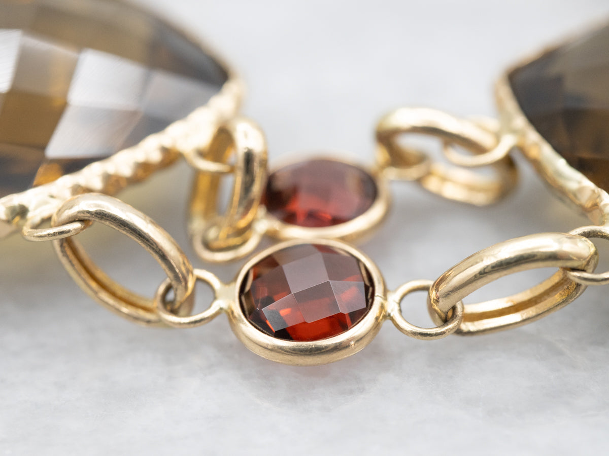 Bold Smoky Quartz and Garnet Gemstone Link Bracelet