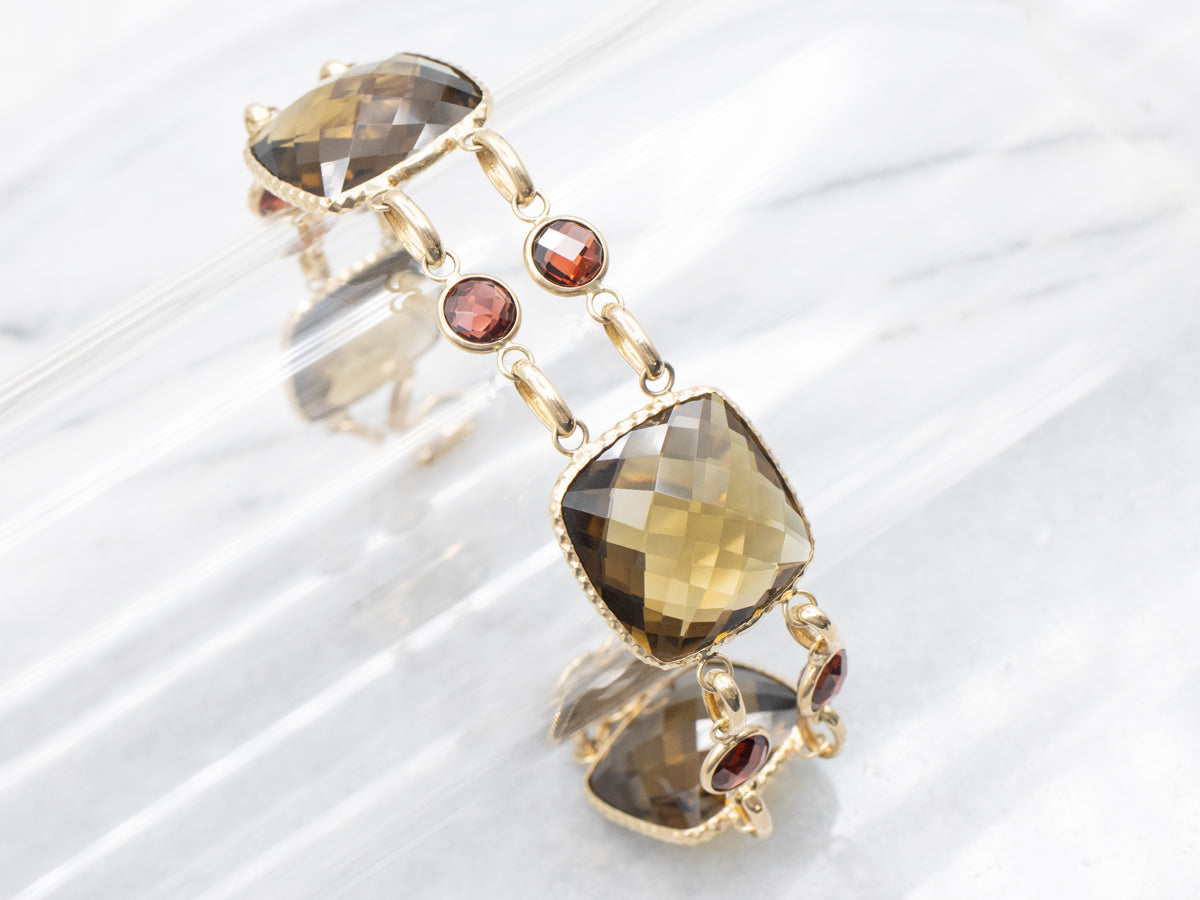 Bold Smoky Quartz and Garnet Gemstone Link Bracelet