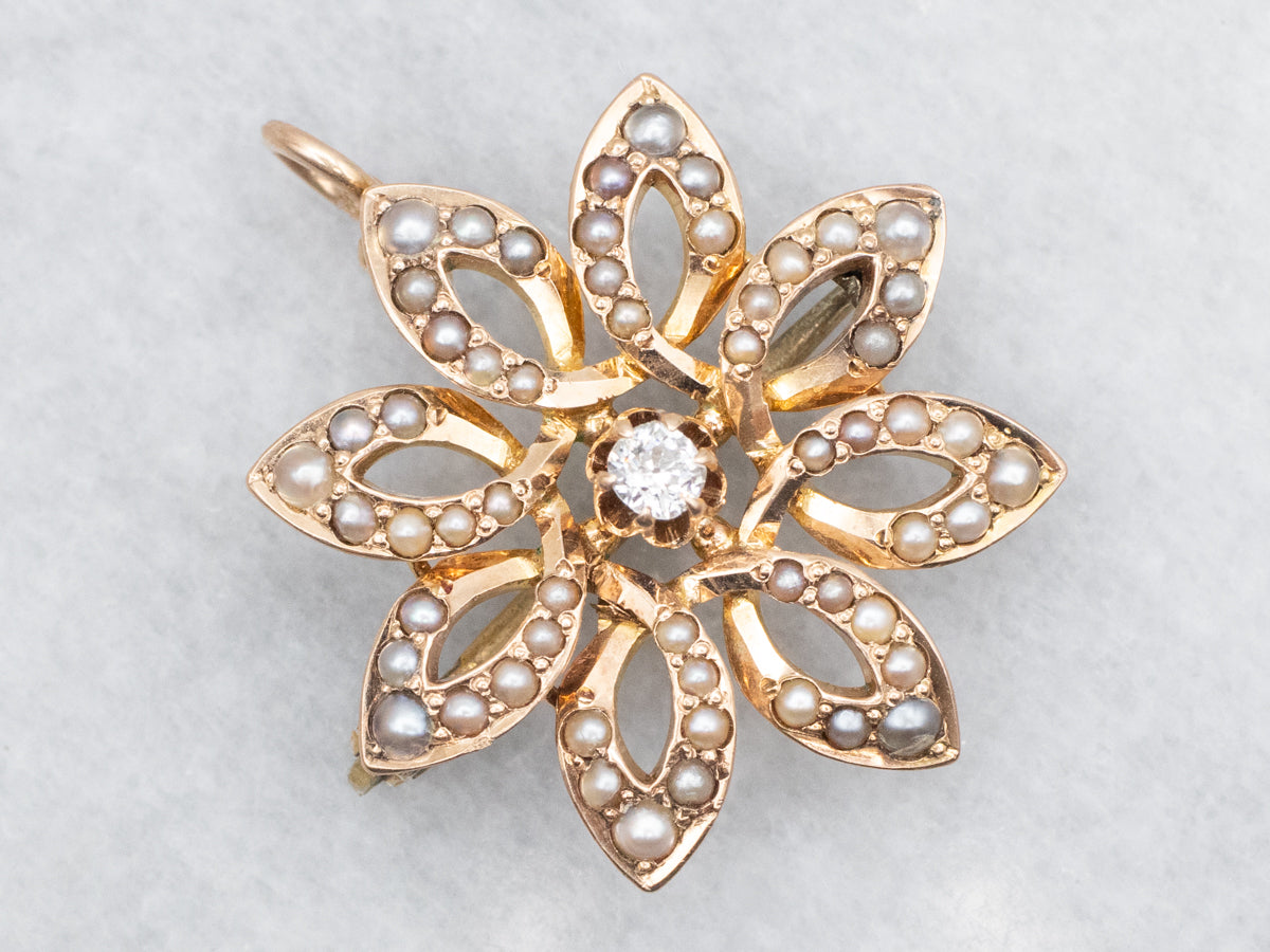 Antique Old Mine Cut Diamond and Seed Pearl Flower Pin or Pendant